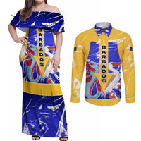 Barbados Coat of Arms Couples Matching Off Shoulder Maxi Dress and Long Sleeve Button Shirt with Yellow Blue Pelican Dolphin Graphic - Wonder Print Shop