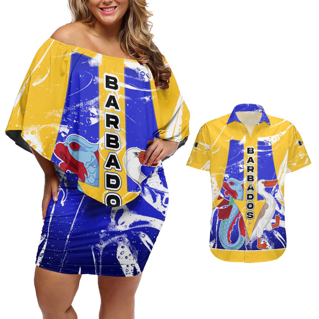 Barbados Coat of Arms Couples Matching Off Shoulder Short Dress and Hawaiian Shirt with Yellow Blue Pelican Dolphin Graphic - Wonder Print Shop