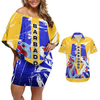 Barbados Coat of Arms Couples Matching Off Shoulder Short Dress and Hawaiian Shirt with Yellow Blue Pelican Dolphin Graphic - Wonder Print Shop