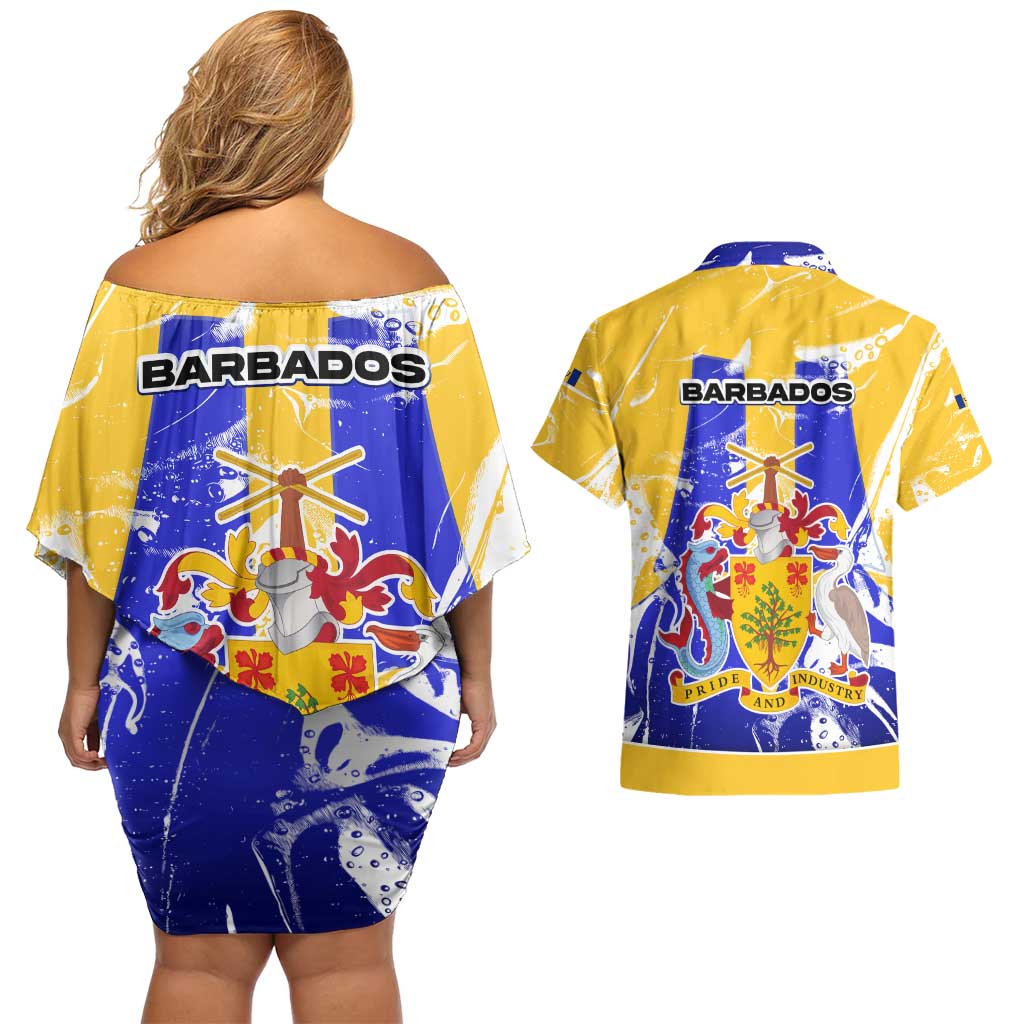 Barbados Coat of Arms Couples Matching Off Shoulder Short Dress and Hawaiian Shirt with Yellow Blue Pelican Dolphin Graphic - Wonder Print Shop