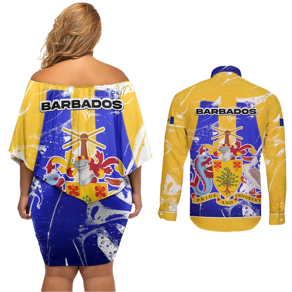 Barbados Coat of Arms Couples Matching Off Shoulder Short Dress and Long Sleeve Button Shirt with Yellow Blue Pelican Dolphin Graphic - Wonder Print Shop