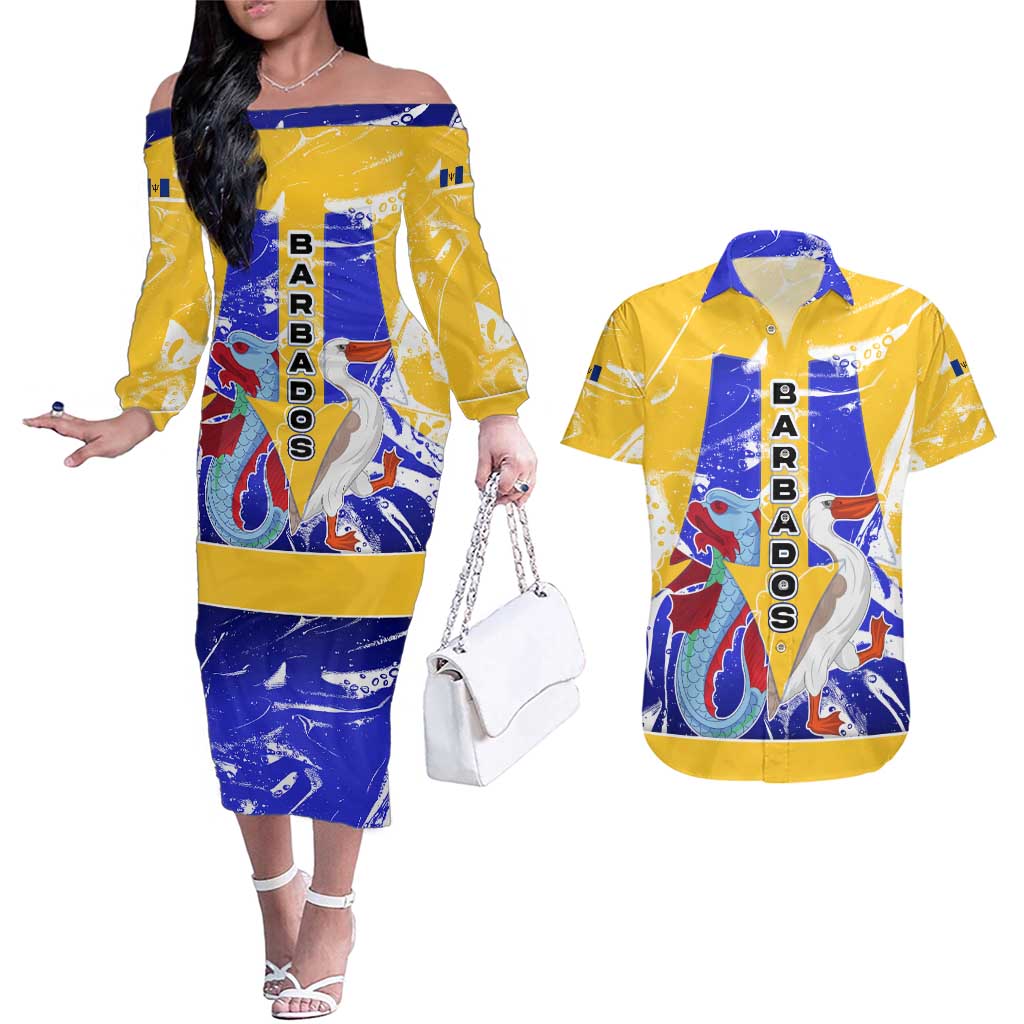 Barbados Coat of Arms Couples Matching Off The Shoulder Long Sleeve Dress and Hawaiian Shirt with Yellow Blue Pelican Dolphin Graphic - Wonder Print Shop