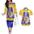 Barbados Coat of Arms Couples Matching Off The Shoulder Long Sleeve Dress and Hawaiian Shirt with Yellow Blue Pelican Dolphin Graphic - Wonder Print Shop