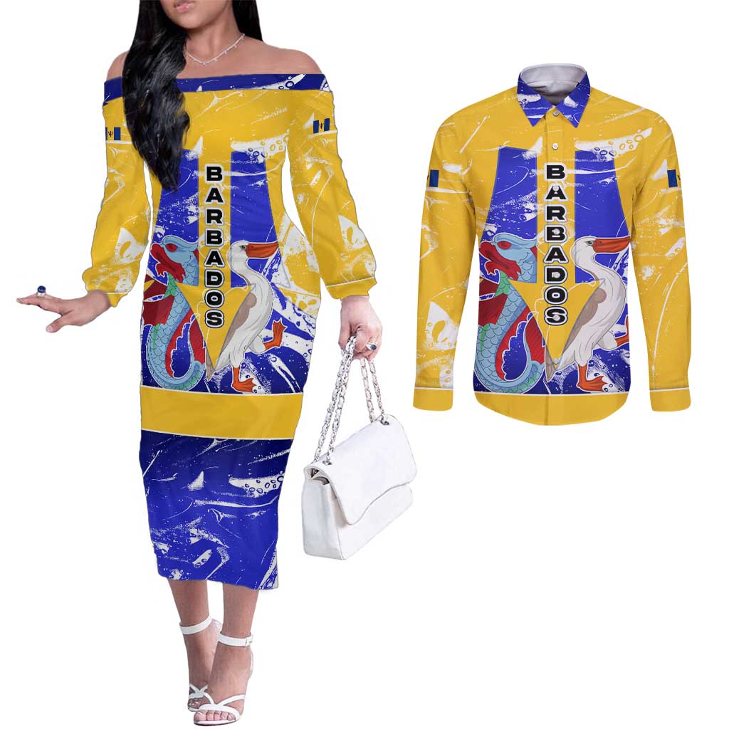 Barbados Coat of Arms Couples Matching Off The Shoulder Long Sleeve Dress and Long Sleeve Button Shirt with Yellow Blue Pelican Dolphin Graphic - Wonder Print Shop
