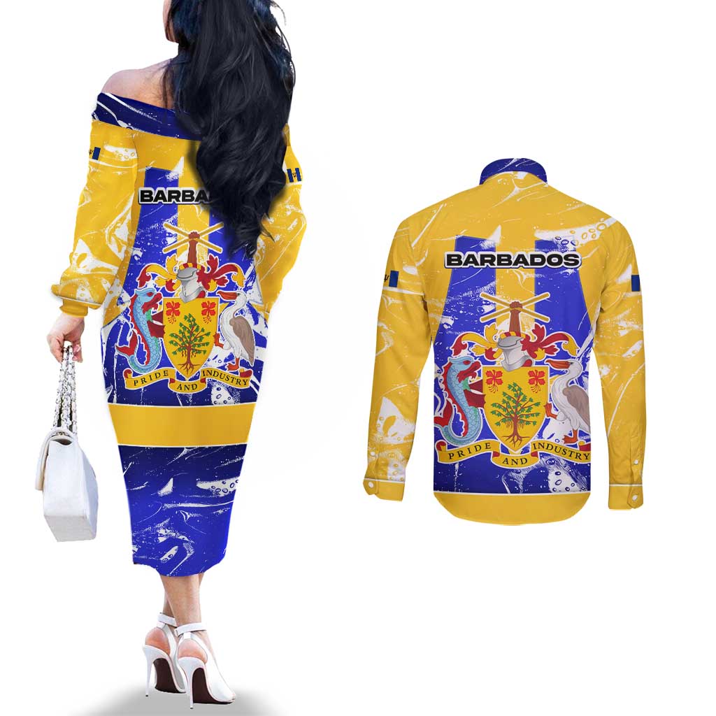 Barbados Coat of Arms Couples Matching Off The Shoulder Long Sleeve Dress and Long Sleeve Button Shirt with Yellow Blue Pelican Dolphin Graphic - Wonder Print Shop