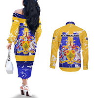 Barbados Coat of Arms Couples Matching Off The Shoulder Long Sleeve Dress and Long Sleeve Button Shirt with Yellow Blue Pelican Dolphin Graphic - Wonder Print Shop