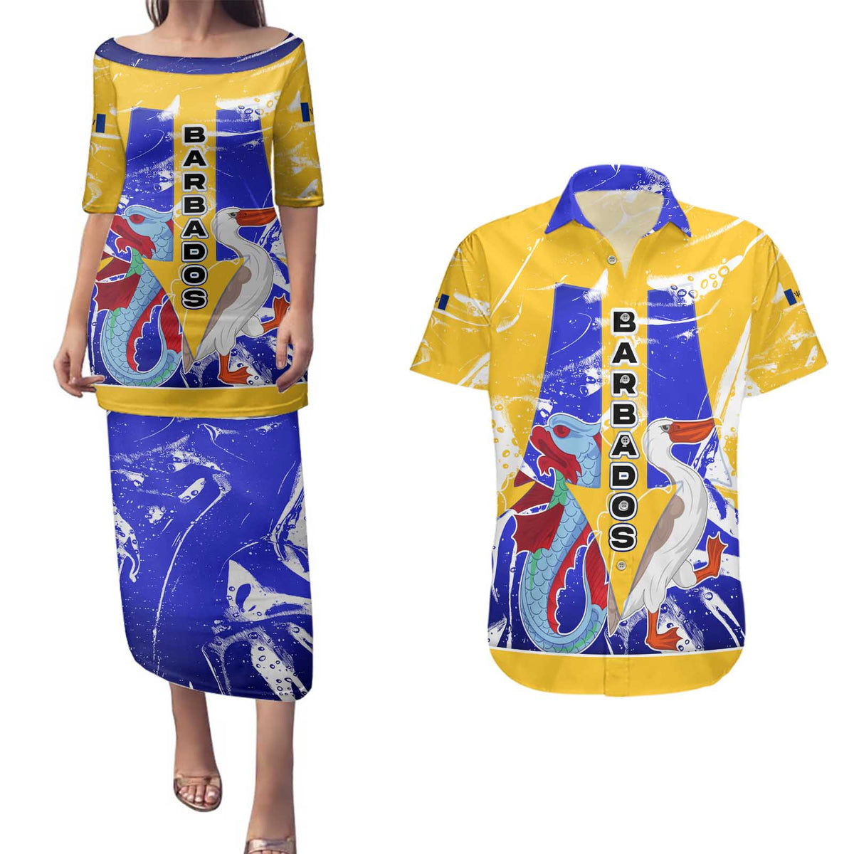 Barbados Coat of Arms Couples Matching Puletasi and Hawaiian Shirt with Yellow Blue Pelican Dolphin Graphic - Wonder Print Shop