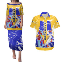 Barbados Coat of Arms Couples Matching Puletasi and Hawaiian Shirt with Yellow Blue Pelican Dolphin Graphic - Wonder Print Shop