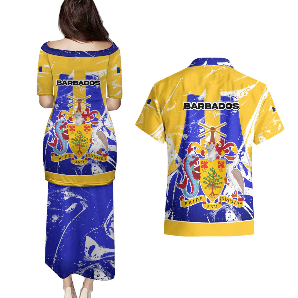 Barbados Coat of Arms Couples Matching Puletasi and Hawaiian Shirt with Yellow Blue Pelican Dolphin Graphic - Wonder Print Shop