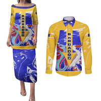 Barbados Coat of Arms Couples Matching Puletasi and Long Sleeve Button Shirt with Yellow Blue Pelican Dolphin Graphic - Wonder Print Shop