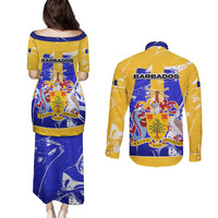 Barbados Coat of Arms Couples Matching Puletasi and Long Sleeve Button Shirt with Yellow Blue Pelican Dolphin Graphic - Wonder Print Shop