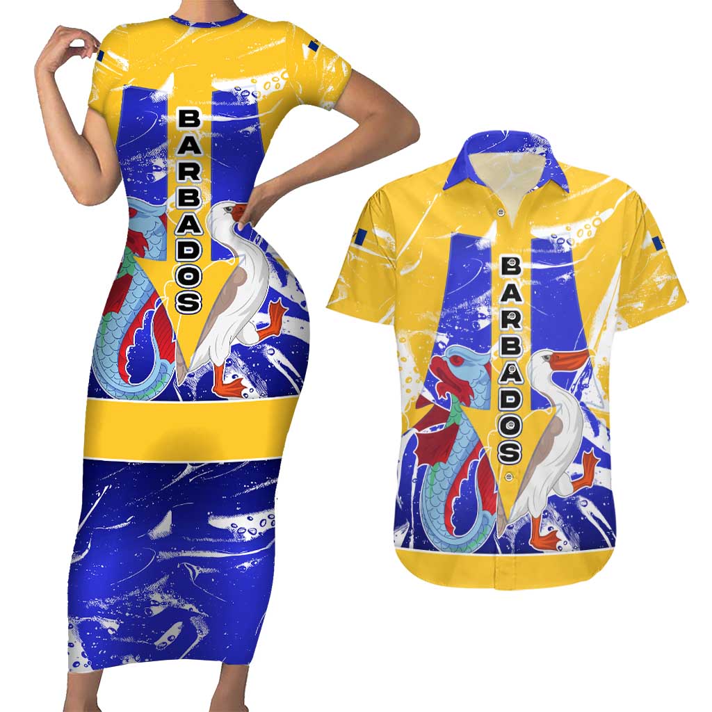 Barbados Coat of Arms Couples Matching Short Sleeve Bodycon Dress and Hawaiian Shirt with Yellow Blue Pelican Dolphin Graphic - Wonder Print Shop
