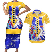 Barbados Coat of Arms Couples Matching Short Sleeve Bodycon Dress and Hawaiian Shirt with Yellow Blue Pelican Dolphin Graphic - Wonder Print Shop