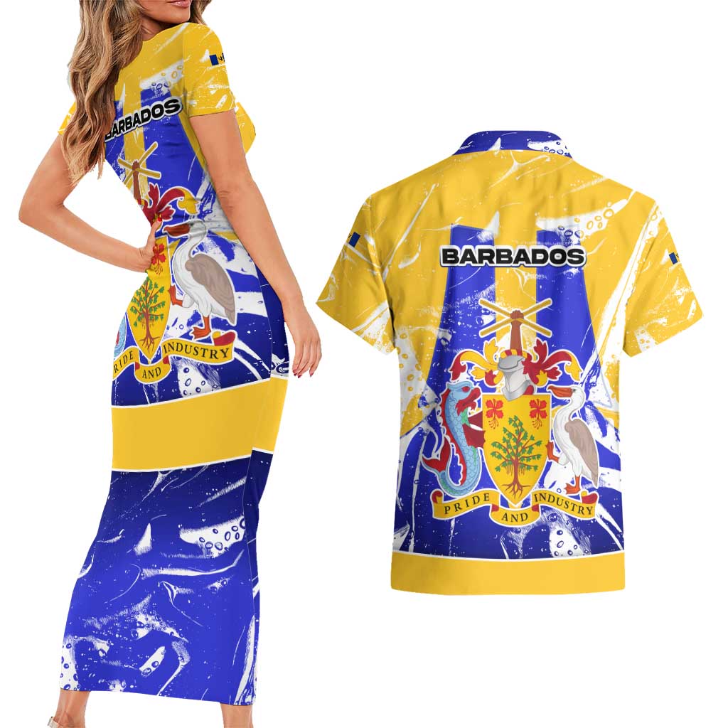 Barbados Coat of Arms Couples Matching Short Sleeve Bodycon Dress and Hawaiian Shirt with Yellow Blue Pelican Dolphin Graphic - Wonder Print Shop