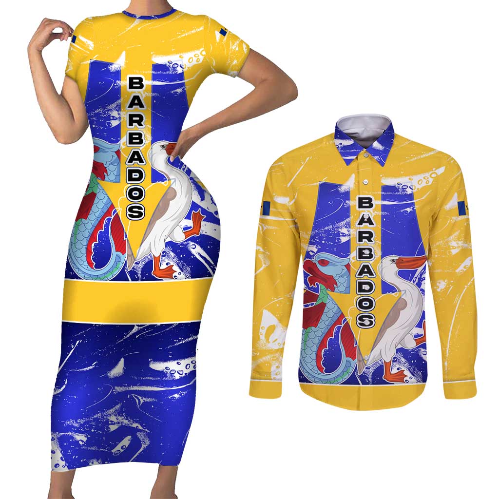 Barbados Coat of Arms Couples Matching Short Sleeve Bodycon Dress and Long Sleeve Button Shirt with Yellow Blue Pelican Dolphin Graphic - Wonder Print Shop