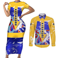 Barbados Coat of Arms Couples Matching Short Sleeve Bodycon Dress and Long Sleeve Button Shirt with Yellow Blue Pelican Dolphin Graphic - Wonder Print Shop
