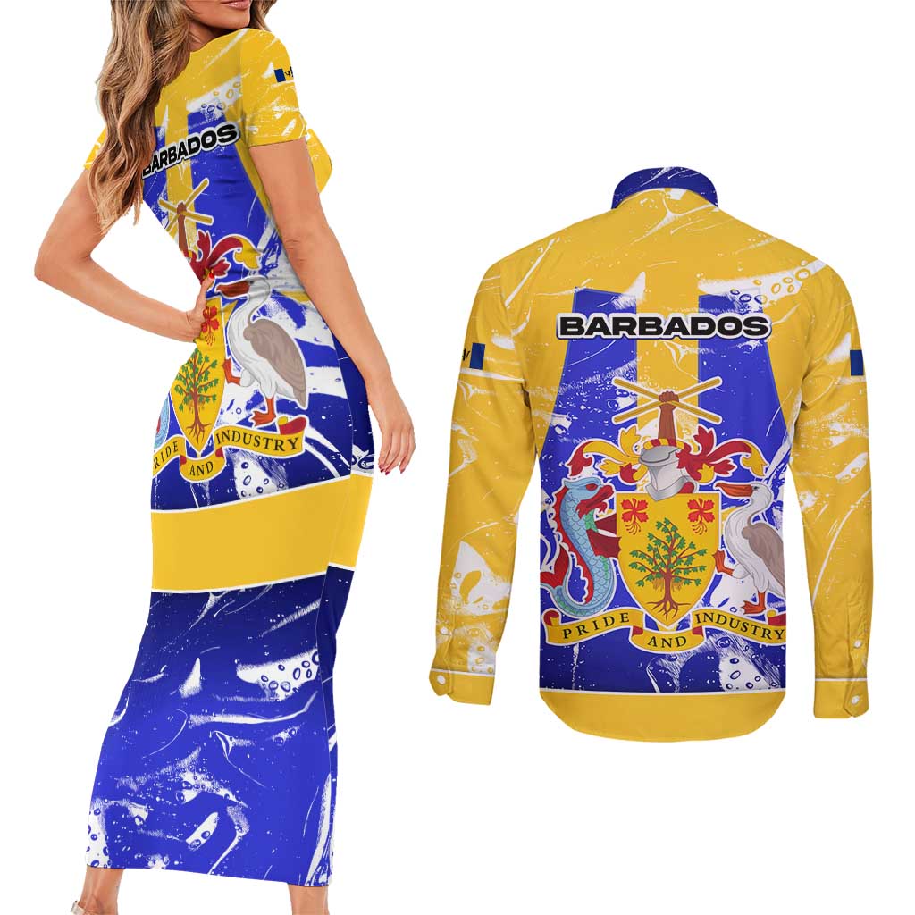 Barbados Coat of Arms Couples Matching Short Sleeve Bodycon Dress and Long Sleeve Button Shirt with Yellow Blue Pelican Dolphin Graphic - Wonder Print Shop