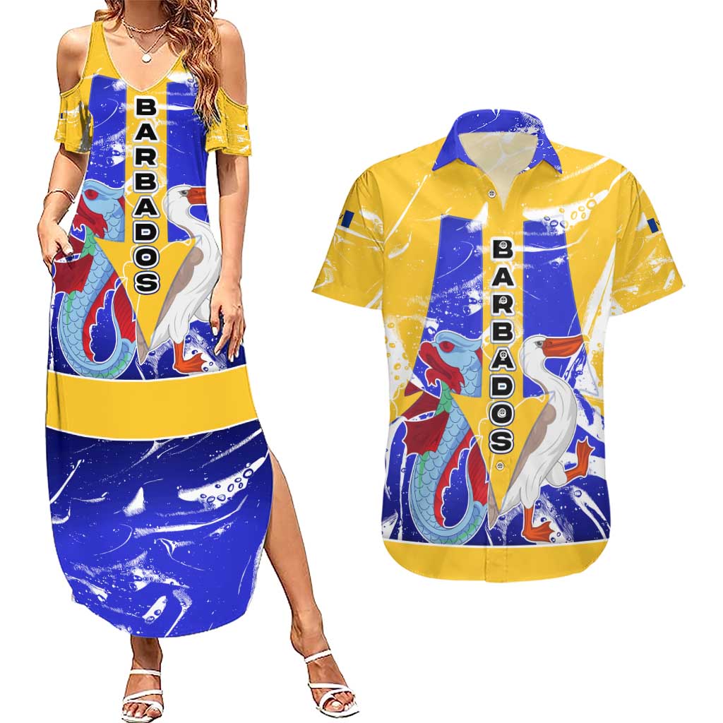 Barbados Coat of Arms Couples Matching Summer Maxi Dress and Hawaiian Shirt with Yellow Blue Pelican Dolphin Graphic - Wonder Print Shop