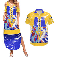 Barbados Coat of Arms Couples Matching Summer Maxi Dress and Hawaiian Shirt with Yellow Blue Pelican Dolphin Graphic - Wonder Print Shop
