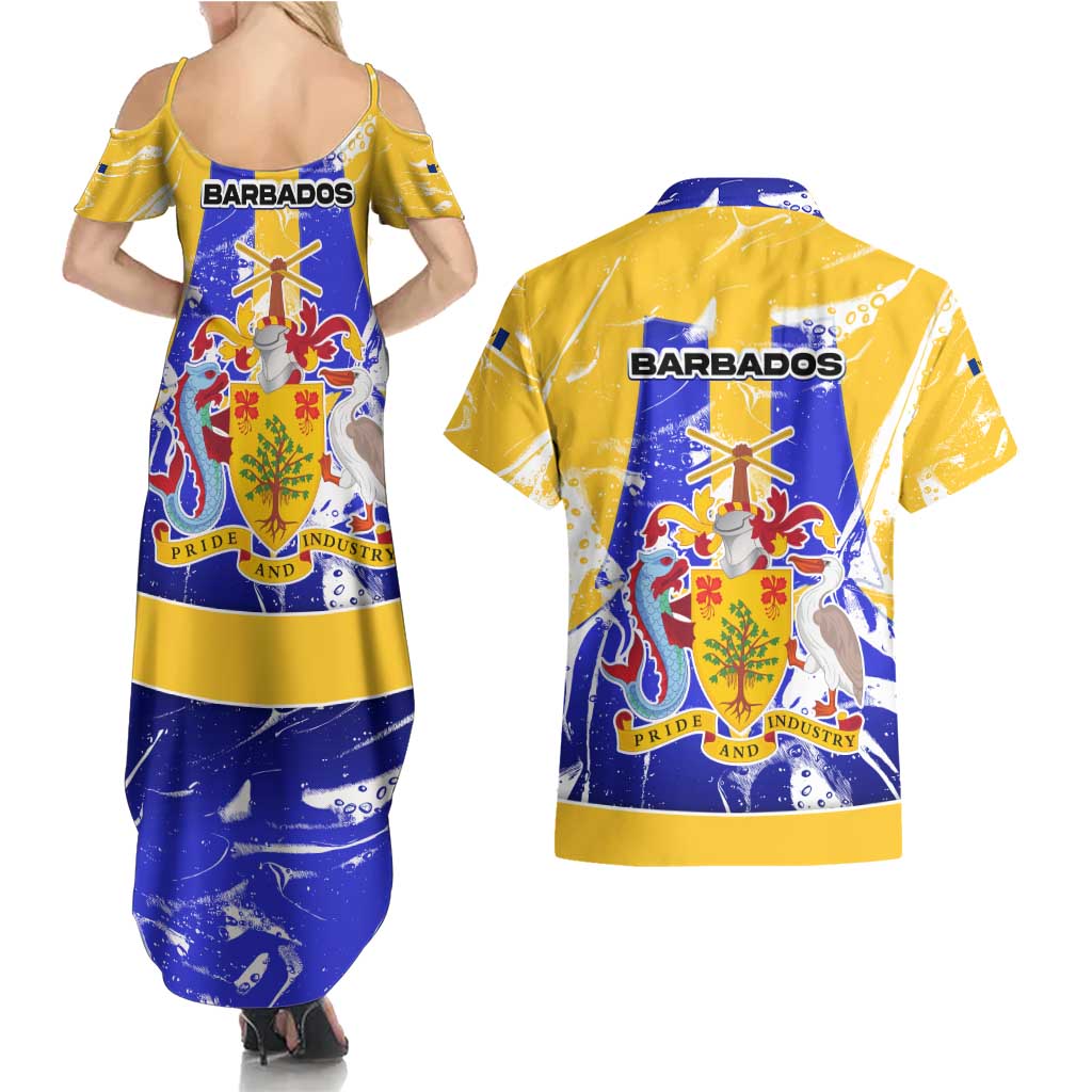 Barbados Coat of Arms Couples Matching Summer Maxi Dress and Hawaiian Shirt with Yellow Blue Pelican Dolphin Graphic - Wonder Print Shop