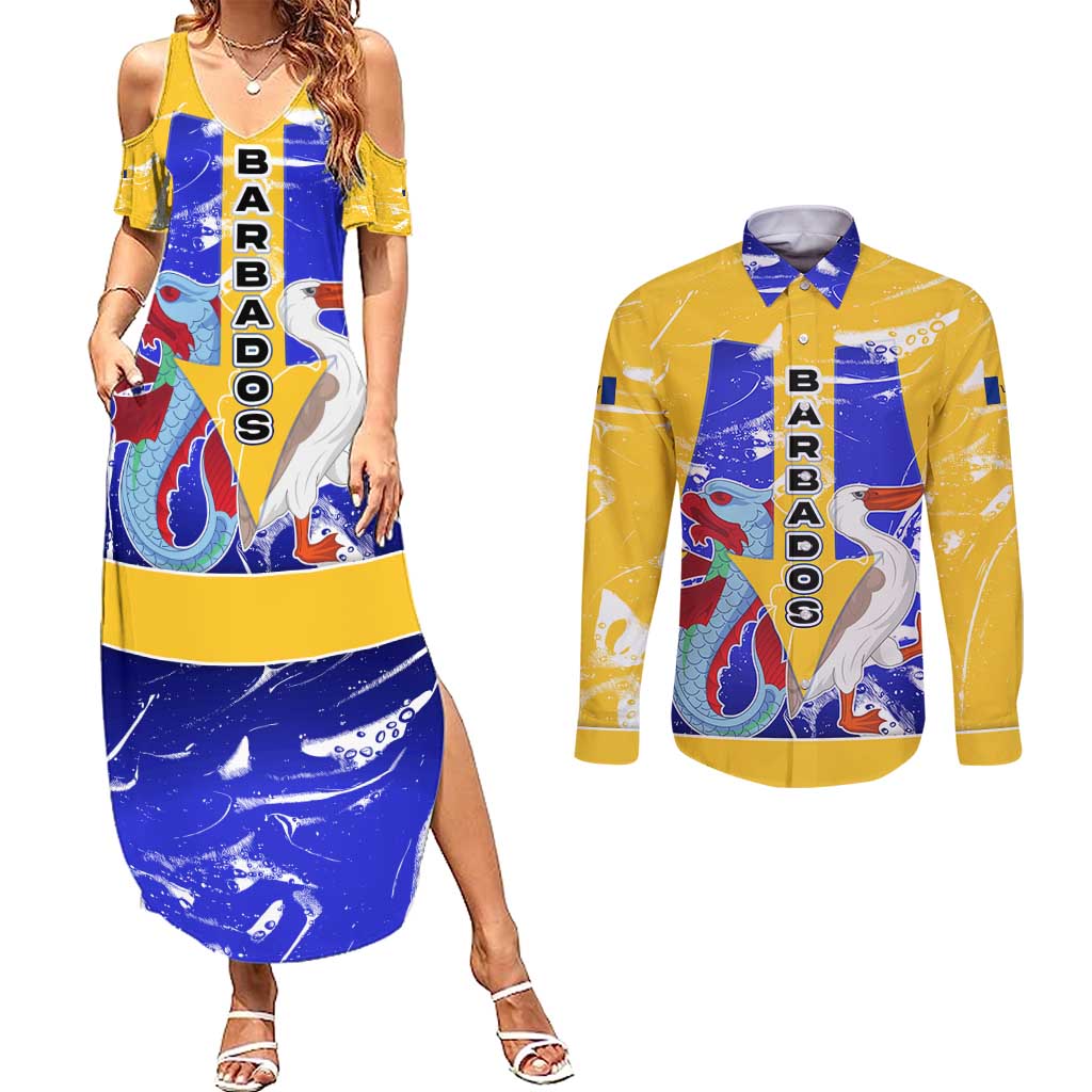Barbados Coat of Arms Couples Matching Summer Maxi Dress and Long Sleeve Button Shirt with Yellow Blue Pelican Dolphin Graphic - Wonder Print Shop