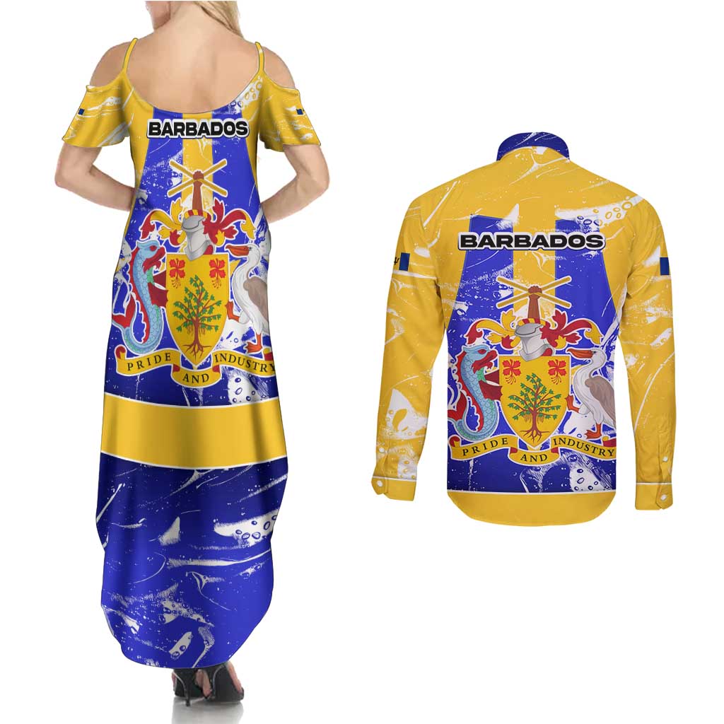 Barbados Coat of Arms Couples Matching Summer Maxi Dress and Long Sleeve Button Shirt with Yellow Blue Pelican Dolphin Graphic - Wonder Print Shop