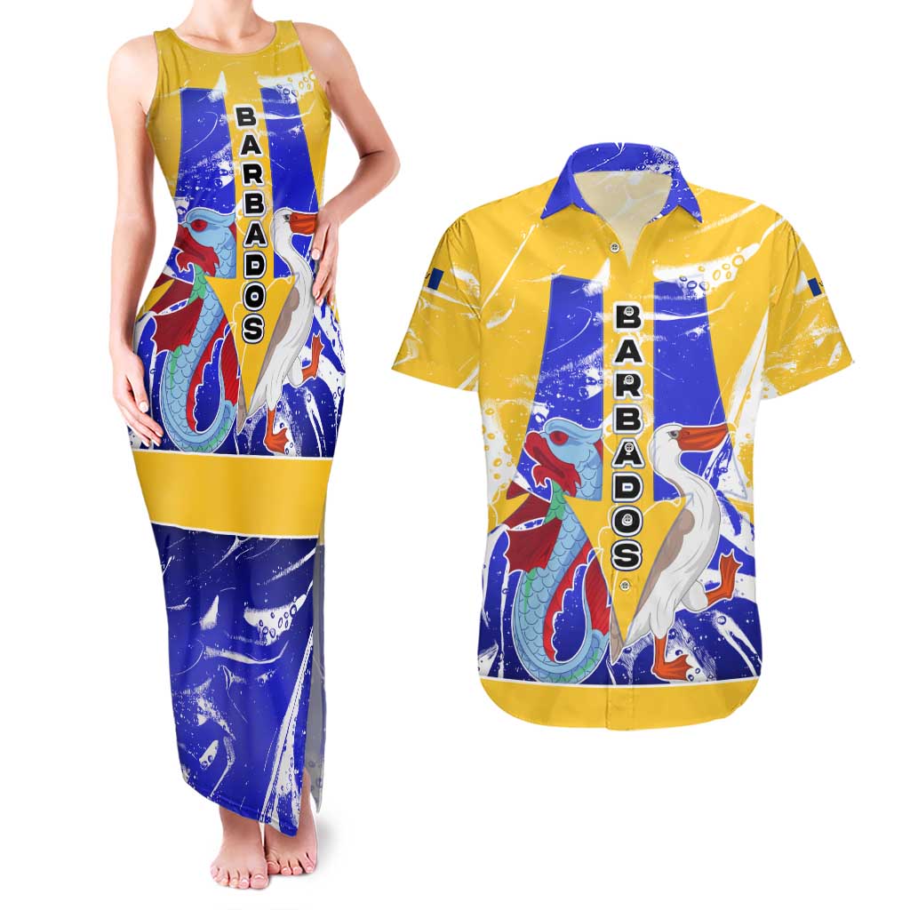 Barbados Coat of Arms Couples Matching Tank Maxi Dress and Hawaiian Shirt with Yellow Blue Pelican Dolphin Graphic - Wonder Print Shop