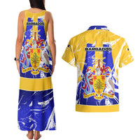Barbados Coat of Arms Couples Matching Tank Maxi Dress and Hawaiian Shirt with Yellow Blue Pelican Dolphin Graphic - Wonder Print Shop