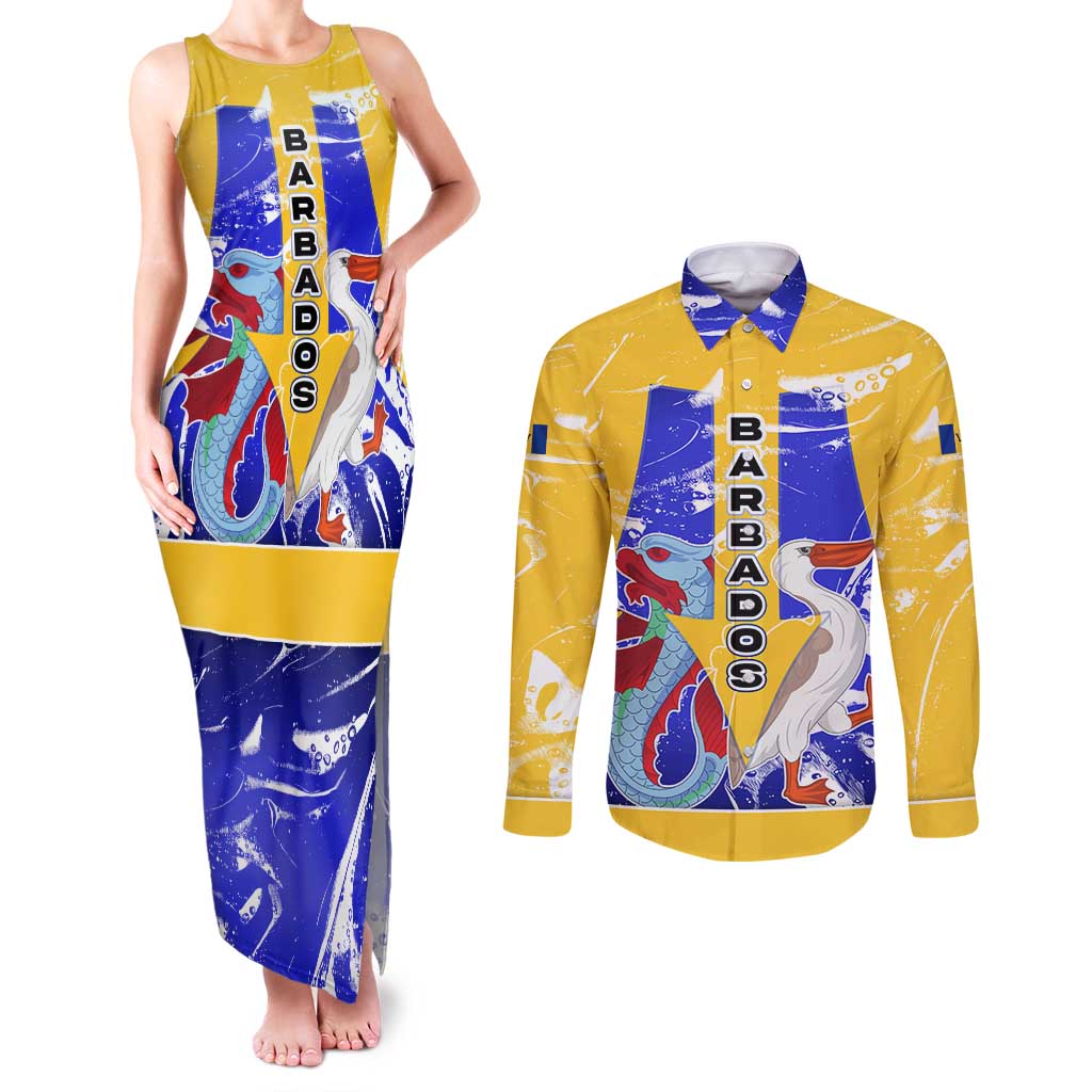 Barbados Coat of Arms Couples Matching Tank Maxi Dress and Long Sleeve Button Shirt with Yellow Blue Pelican Dolphin Graphic - Wonder Print Shop