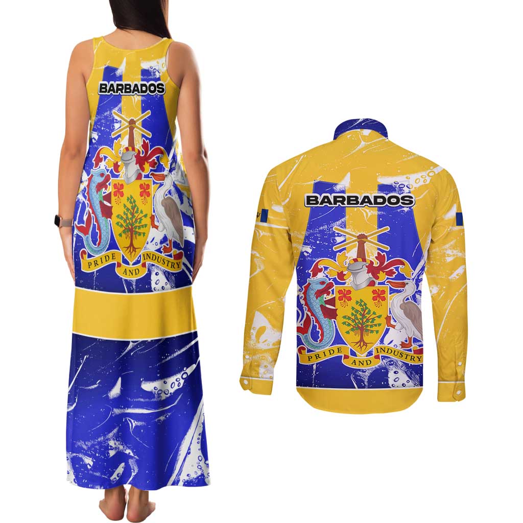 Barbados Coat of Arms Couples Matching Tank Maxi Dress and Long Sleeve Button Shirt with Yellow Blue Pelican Dolphin Graphic - Wonder Print Shop