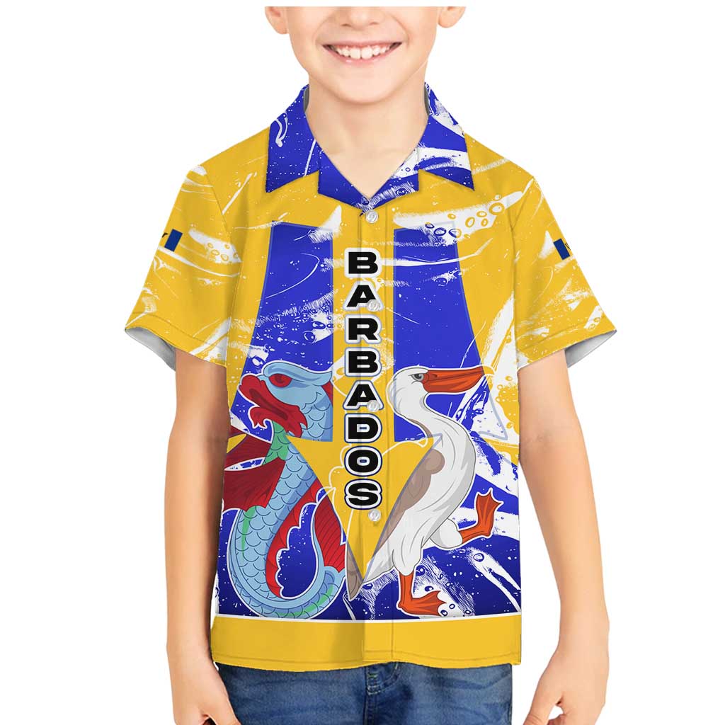 Barbados Coat of Arms Family Matching Mermaid Dress and Hawaiian Shirt with Yellow Blue Pelican Dolphin Graphic - Wonder Print Shop