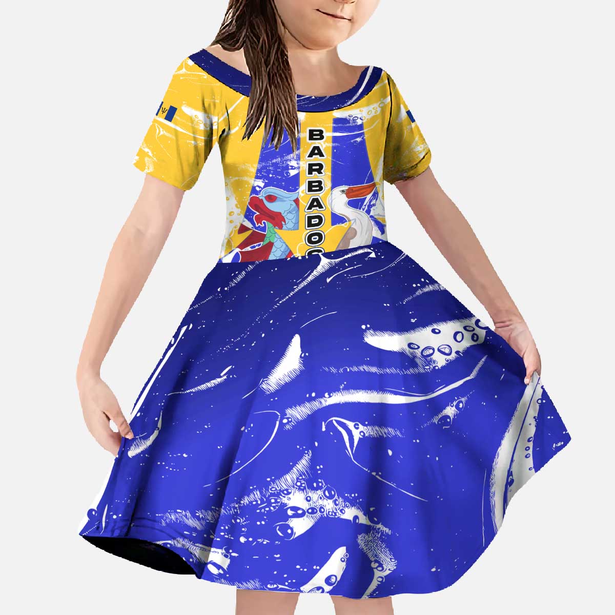 Barbados Coat of Arms Family Matching Off The Shoulder Long Sleeve Dress and Hawaiian Shirt with Yellow Blue Pelican Dolphin Graphic - Wonder Print Shop