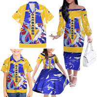 Barbados Coat of Arms Family Matching Off The Shoulder Long Sleeve Dress and Hawaiian Shirt with Yellow Blue Pelican Dolphin Graphic - Wonder Print Shop