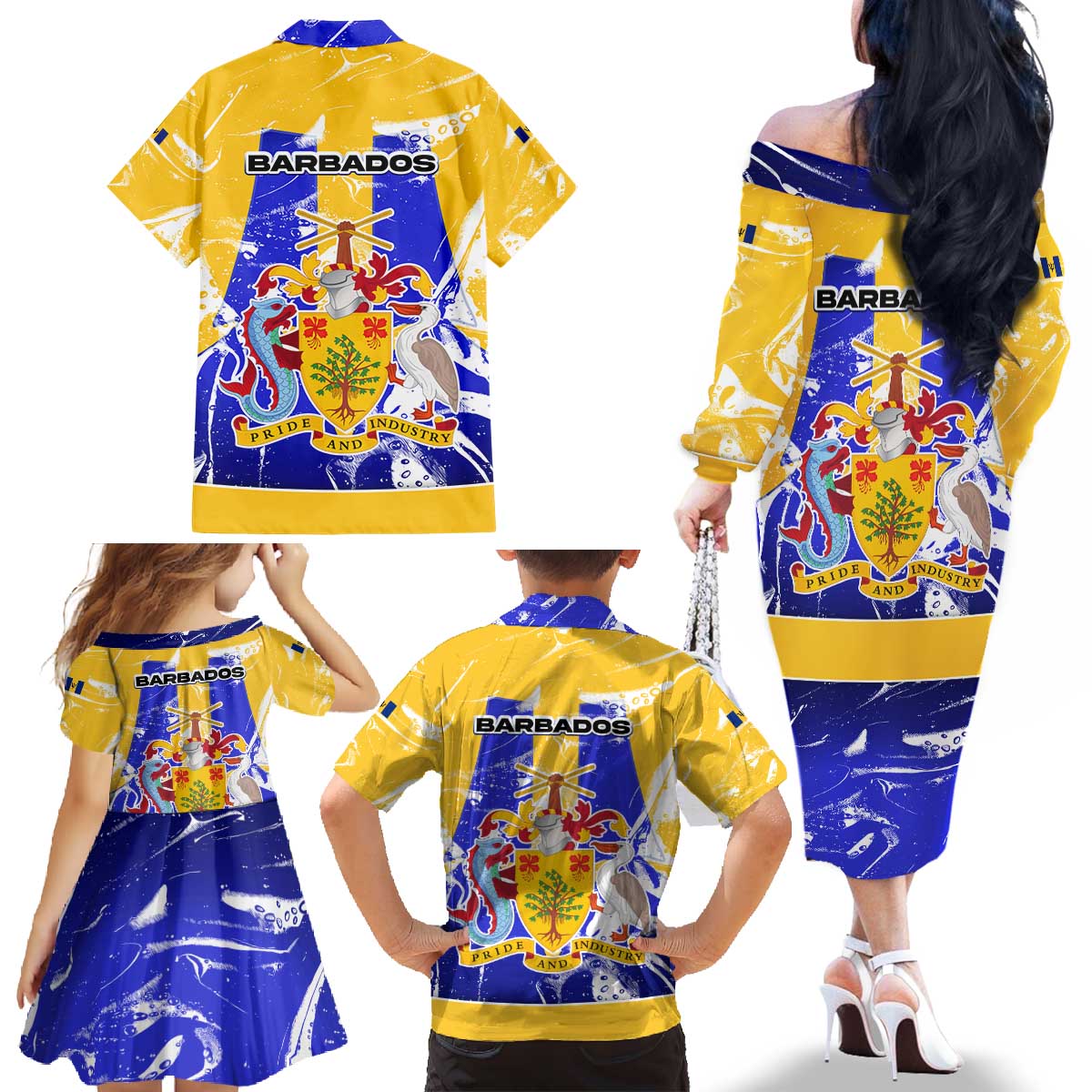 Barbados Coat of Arms Family Matching Off The Shoulder Long Sleeve Dress and Hawaiian Shirt with Yellow Blue Pelican Dolphin Graphic - Wonder Print Shop
