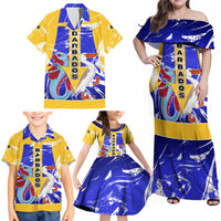 Barbados Coat of Arms Family Matching Off Shoulder Maxi Dress and Hawaiian Shirt with Yellow Blue Pelican Dolphin Graphic - Wonder Print Shop