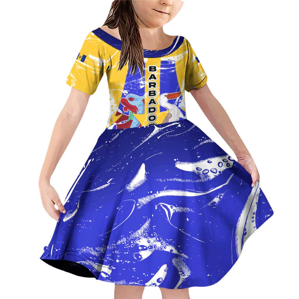 Barbados Coat of Arms Family Matching Off Shoulder Short Dress and Hawaiian Shirt with Yellow Blue Pelican Dolphin Graphic - Wonder Print Shop