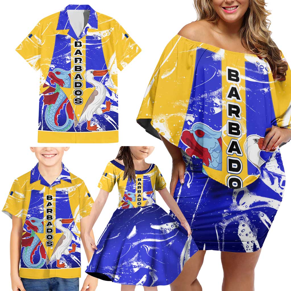 Barbados Coat of Arms Family Matching Off Shoulder Short Dress and Hawaiian Shirt with Yellow Blue Pelican Dolphin Graphic - Wonder Print Shop