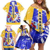 Barbados Coat of Arms Family Matching Off Shoulder Short Dress and Hawaiian Shirt with Yellow Blue Pelican Dolphin Graphic - Wonder Print Shop