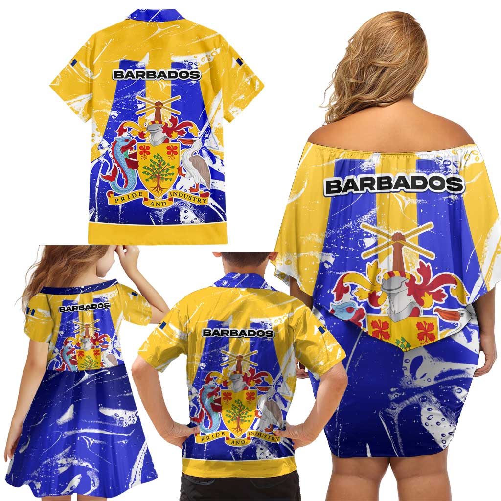 Barbados Coat of Arms Family Matching Off Shoulder Short Dress and Hawaiian Shirt with Yellow Blue Pelican Dolphin Graphic - Wonder Print Shop