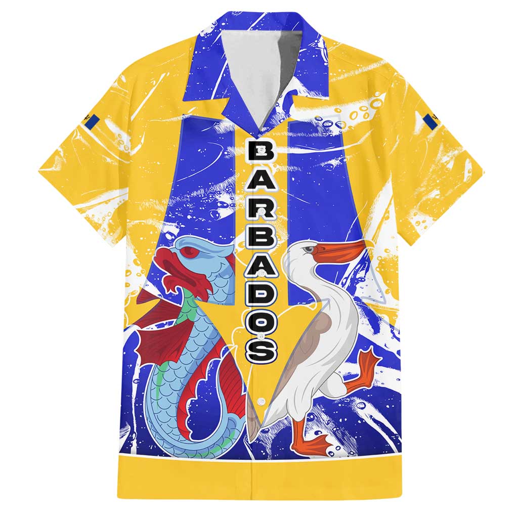 Barbados Coat of Arms Family Matching Off Shoulder Short Dress and Hawaiian Shirt with Yellow Blue Pelican Dolphin Graphic - Wonder Print Shop