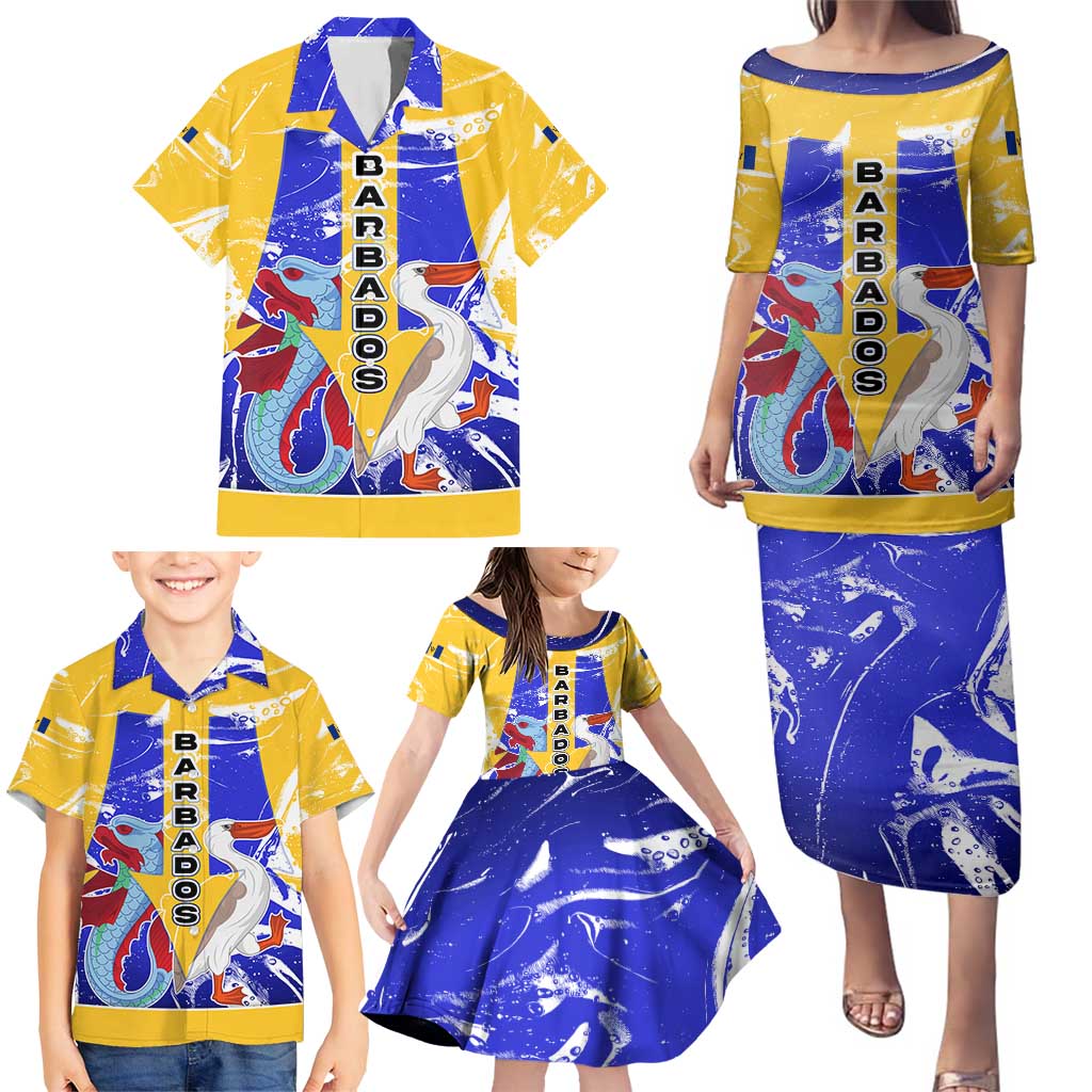 Barbados Coat of Arms Family Matching Puletasi and Hawaiian Shirt with Yellow Blue Pelican Dolphin Graphic - Wonder Print Shop