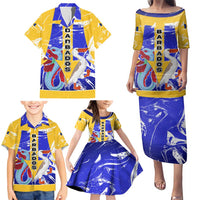 Barbados Coat of Arms Family Matching Puletasi and Hawaiian Shirt with Yellow Blue Pelican Dolphin Graphic - Wonder Print Shop