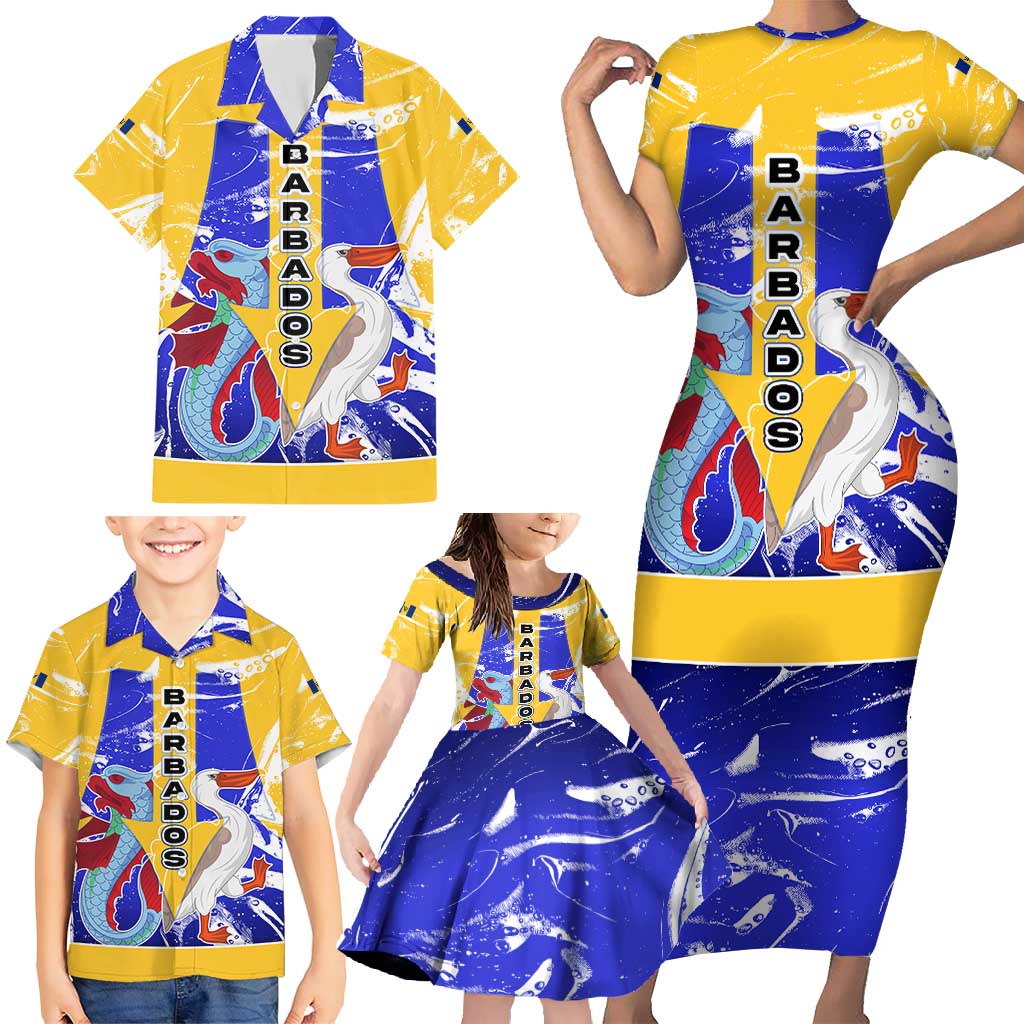 Barbados Coat of Arms Family Matching Short Sleeve Bodycon Dress and Hawaiian Shirt with Yellow Blue Pelican Dolphin Graphic - Wonder Print Shop