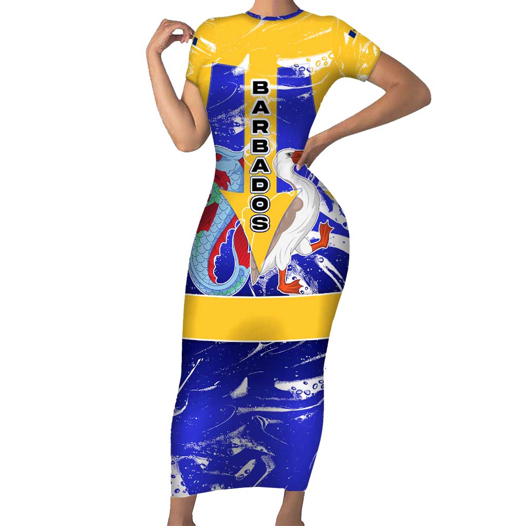 Barbados Coat of Arms Family Matching Short Sleeve Bodycon Dress and Hawaiian Shirt with Yellow Blue Pelican Dolphin Graphic - Wonder Print Shop