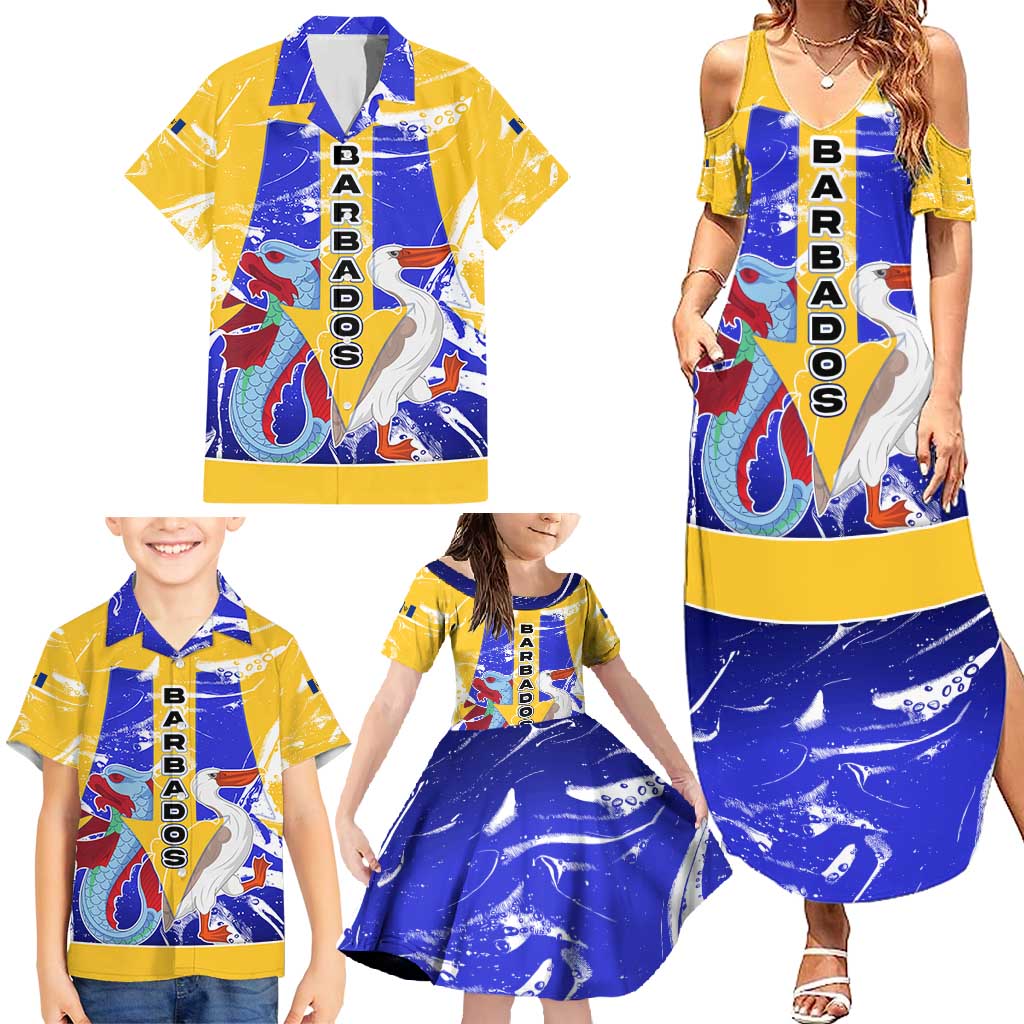 Barbados Coat of Arms Family Matching Summer Maxi Dress and Hawaiian Shirt with Yellow Blue Pelican Dolphin Graphic - Wonder Print Shop