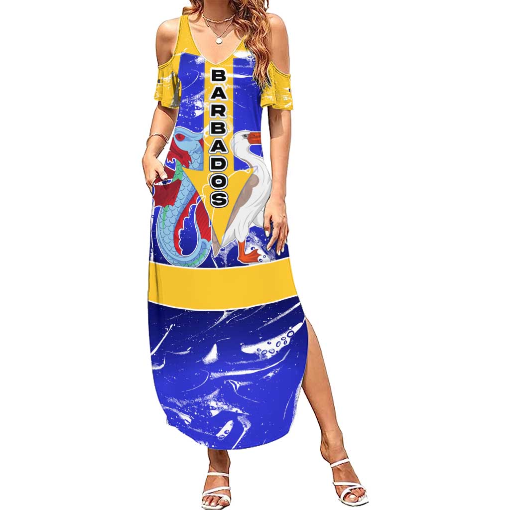 Barbados Coat of Arms Family Matching Summer Maxi Dress and Hawaiian Shirt with Yellow Blue Pelican Dolphin Graphic - Wonder Print Shop