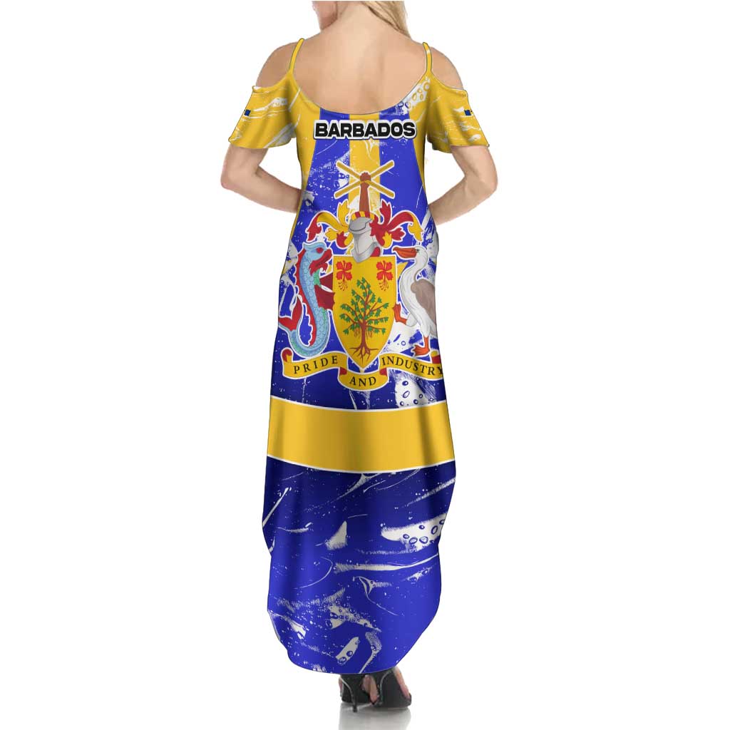 Barbados Coat of Arms Family Matching Summer Maxi Dress and Hawaiian Shirt with Yellow Blue Pelican Dolphin Graphic - Wonder Print Shop