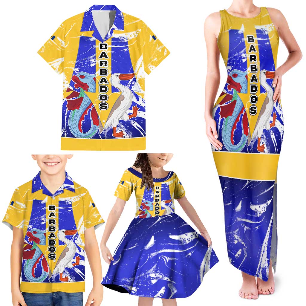 Barbados Coat of Arms Family Matching Tank Maxi Dress and Hawaiian Shirt with Yellow Blue Pelican Dolphin Graphic - Wonder Print Shop