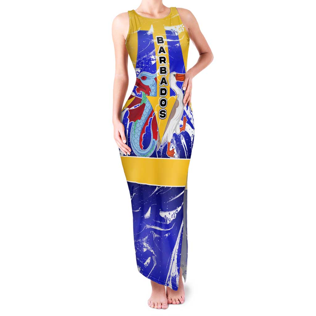 Barbados Coat of Arms Family Matching Tank Maxi Dress and Hawaiian Shirt with Yellow Blue Pelican Dolphin Graphic - Wonder Print Shop