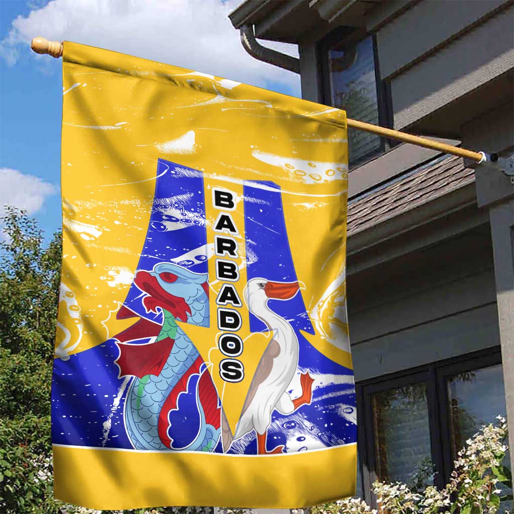 Barbados Coat of Arms Garden Flag with Yellow Blue Pelican Dolphin Graphic - Wonder Print Shop